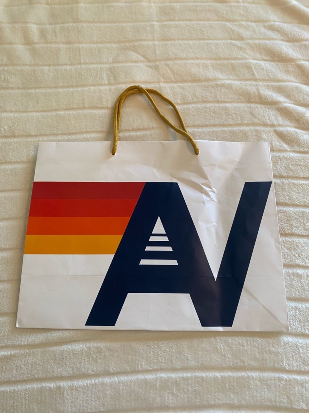 🌸 Aviator Nation White Shopping Bag with Navy Logo and Red-Orange-Yellow Stripe - Picture 2 of 5